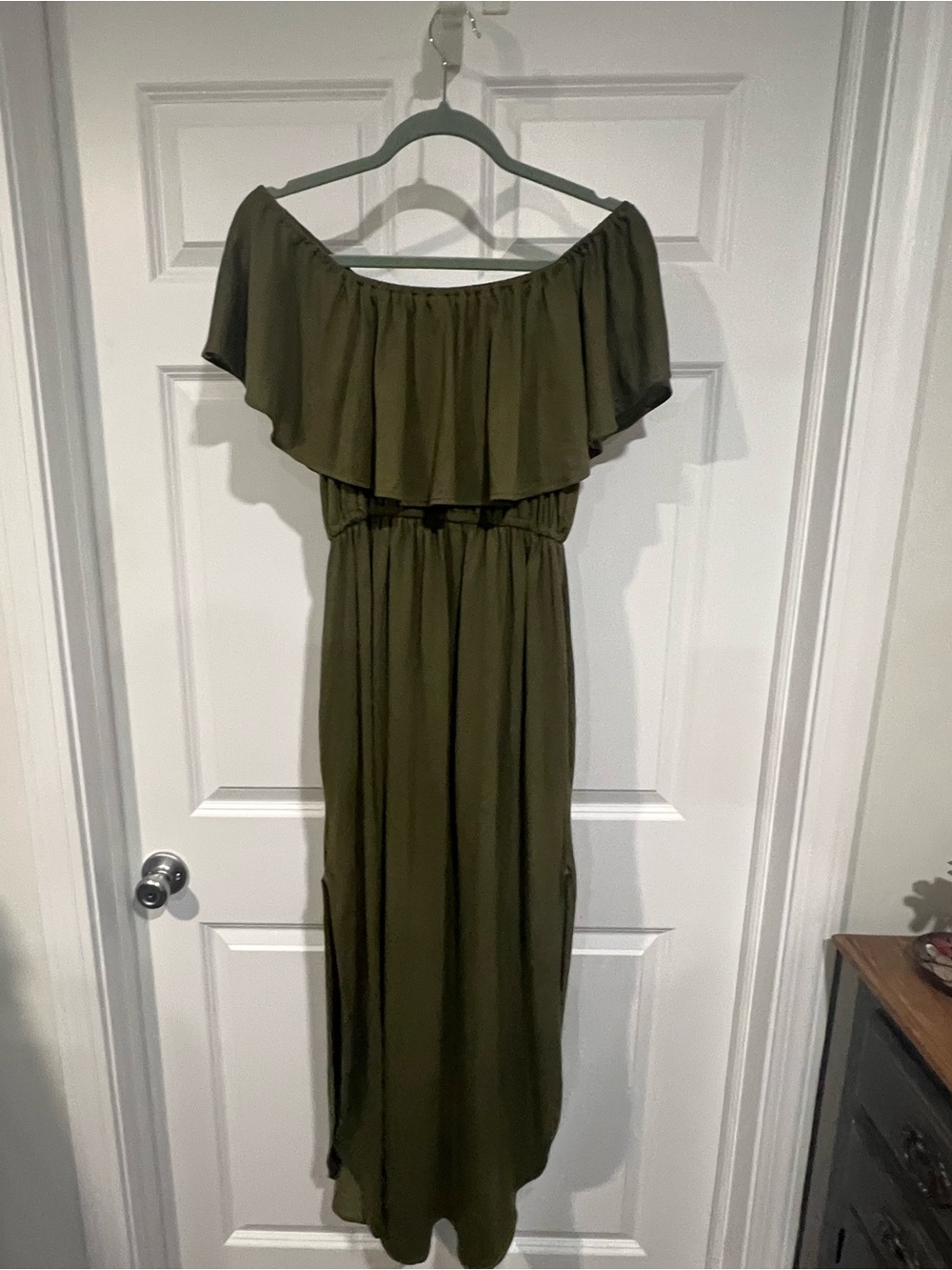 Off-Shoulder Olive Green Maxi Dress